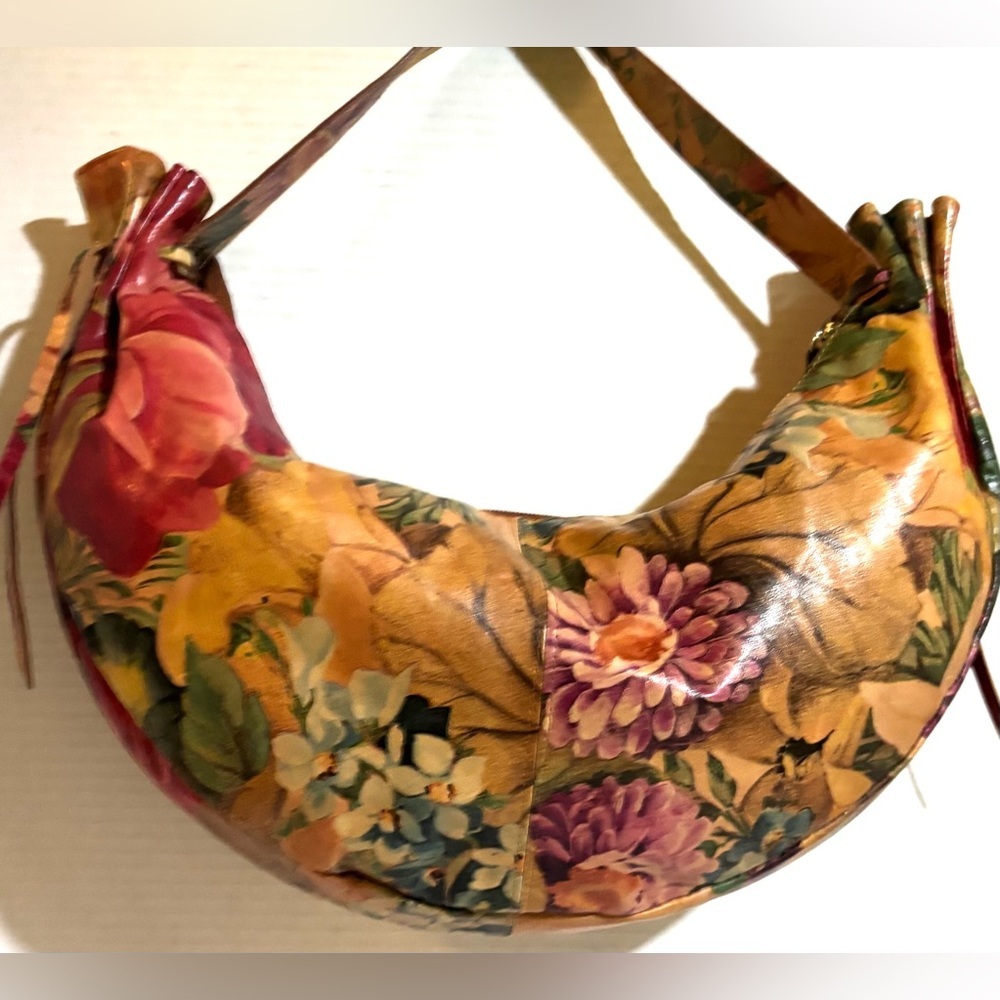 Floral Crescent Hobo Shoulder Bag in Multicolor Leather
